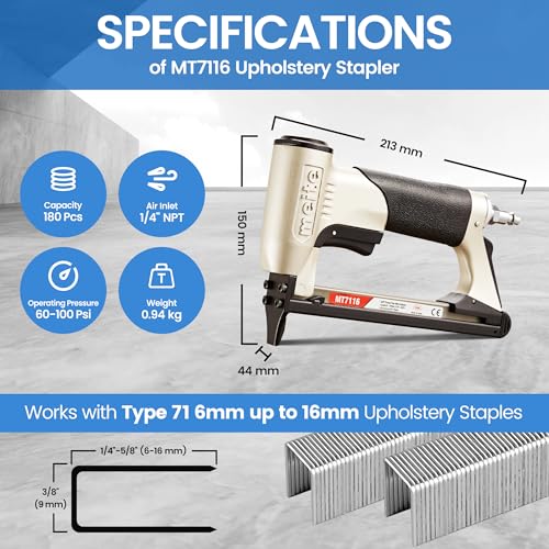 meite MT7116 Pneumatic Staple Gun, 22 Gauge 71 Series 3/8-Inch Crown 1/4-Inch to 5/8-Inch Length Air Upholstery Stapler Gun - Image 5