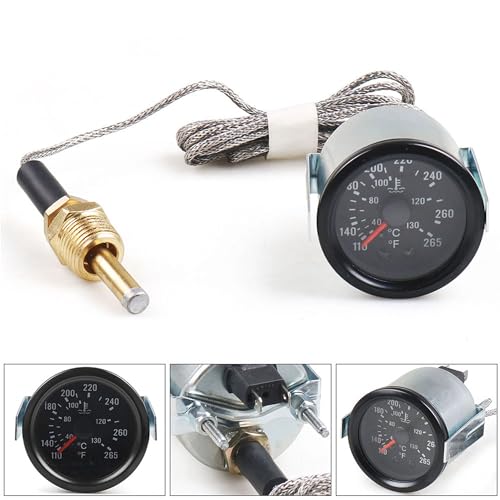 Dyno Racing 2" 52mm 12V Pointer Mechanical Water Temperature Temp Gauge （40-130℃,110-265℉,Yellow Light Car Meter with Sensor NPT 1/2, 1.8m Wire Length - Image 3