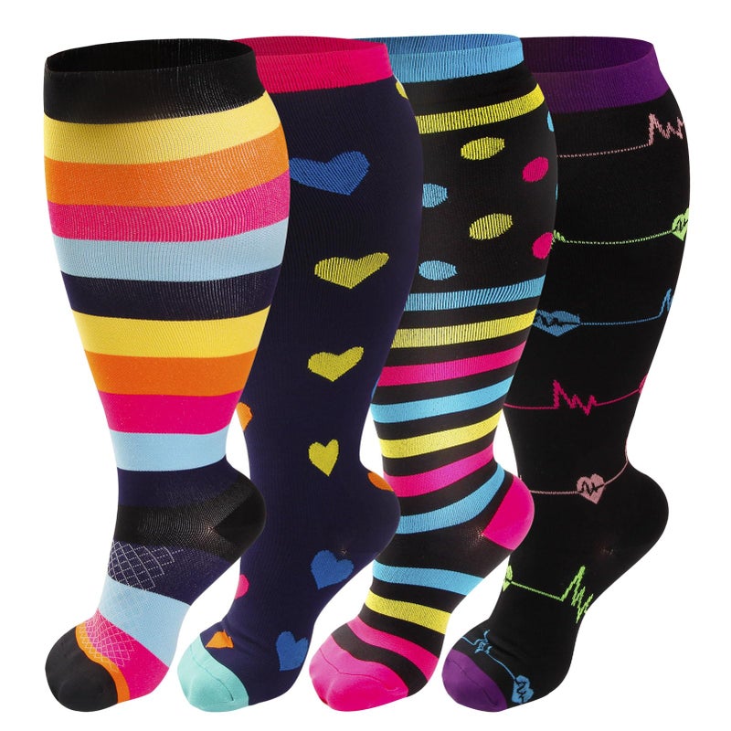 VOMFIT 4 Pairs Plus Size Compression Socks for Women & Men, Extra Wide Calf 20-30 mmhg Knee High Compression Stockings for Circulation Swelling Support - Image 1