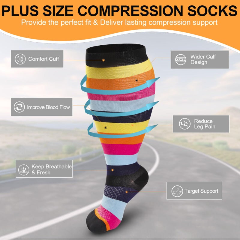 VOMFIT 4 Pairs Plus Size Compression Socks for Women & Men, Extra Wide Calf 20-30 mmhg Knee High Compression Stockings for Circulation Swelling Support - Image 2