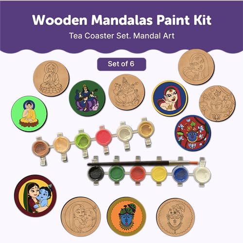 Mini Leaves Paint Your Own Mandala Art Coasters, Pack of 6 Coasters DIY Painting Craft Kit for Kids and Adults, All in One Painting Set, Brown - Image 3