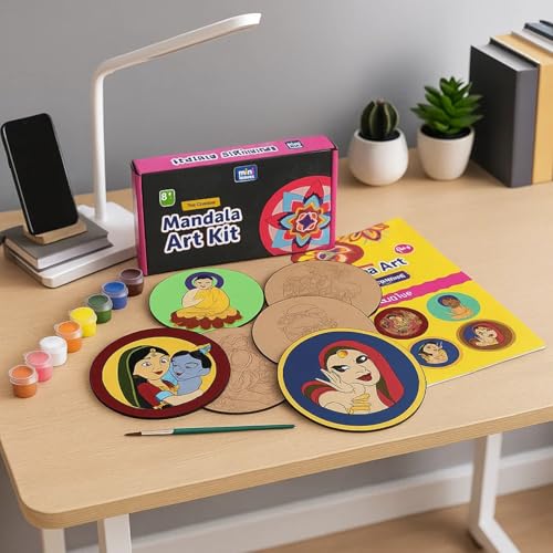 Mini Leaves Paint Your Own Mandala Art Coasters, Pack of 6 Coasters DIY Painting Craft Kit for Kids and Adults, All in One Painting Set, Brown - Image 1