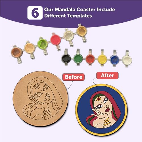Mini Leaves Paint Your Own Mandala Art Coasters, Pack of 6 Coasters DIY Painting Craft Kit for Kids and Adults, All in One Painting Set, Brown - Image 4