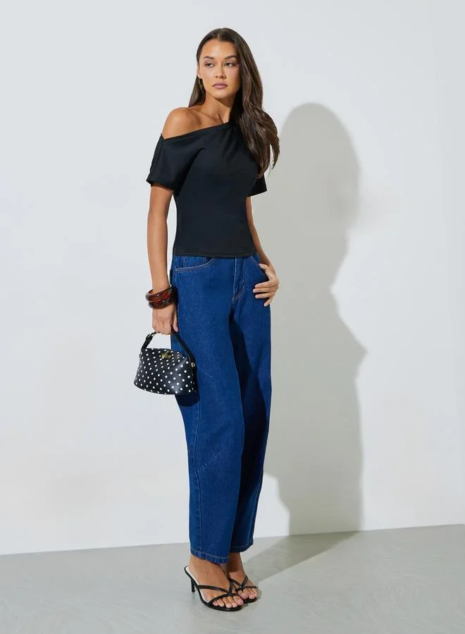 Styli Black Asymmetric Neck Regular Fit T-Shirt