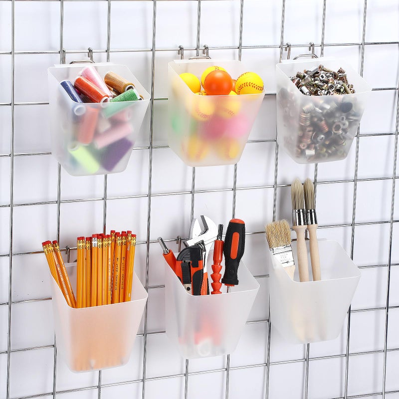 LOYIM 6 Pack Large Gridwall Cups Gridwall Storage Bin with Hooks Hanging Baskets Square Box Shape Hanging Cup Holder Gridwall Accessories for Garage Workbench Office Playroom Home Kitchen Clear - Image 2