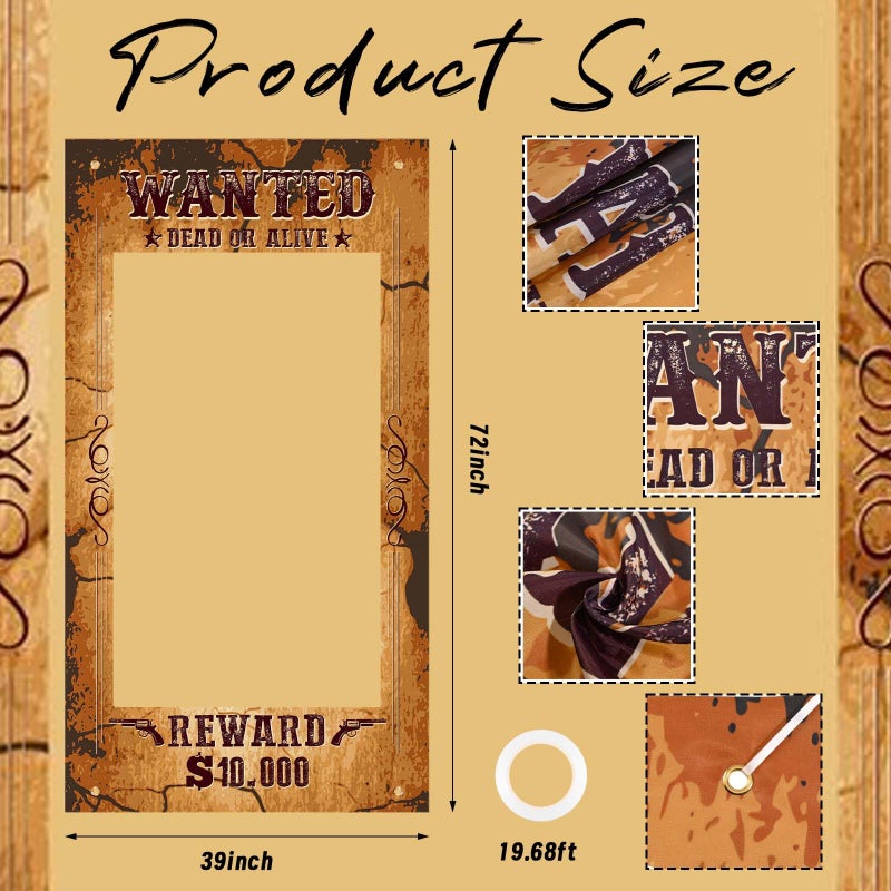 Sanixin Large Western Wanted Poster Western Cowboy Party Decoration Wanted Photo Booth Frame Wild West Selfie Banner Backdrop for West Cowboy Birthday Party Retro Rustic Decoration Supplies (Brown) - Image 2