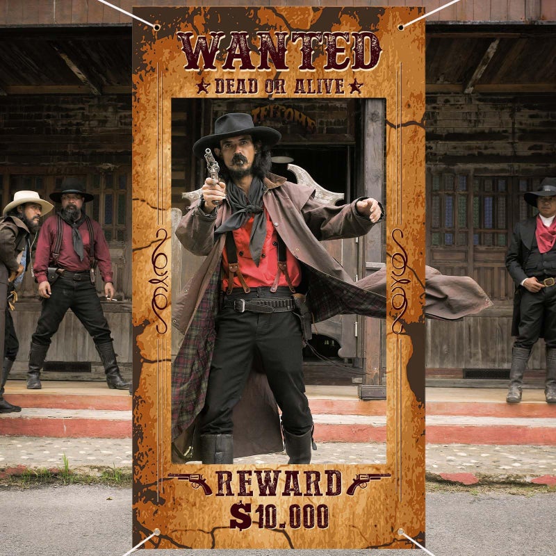 Sanixin Large Western Wanted Poster Western Cowboy Party Decoration Wanted Photo Booth Frame Wild West Selfie Banner Backdrop for West Cowboy Birthday Party Retro Rustic Decoration Supplies (Brown) - Image 4