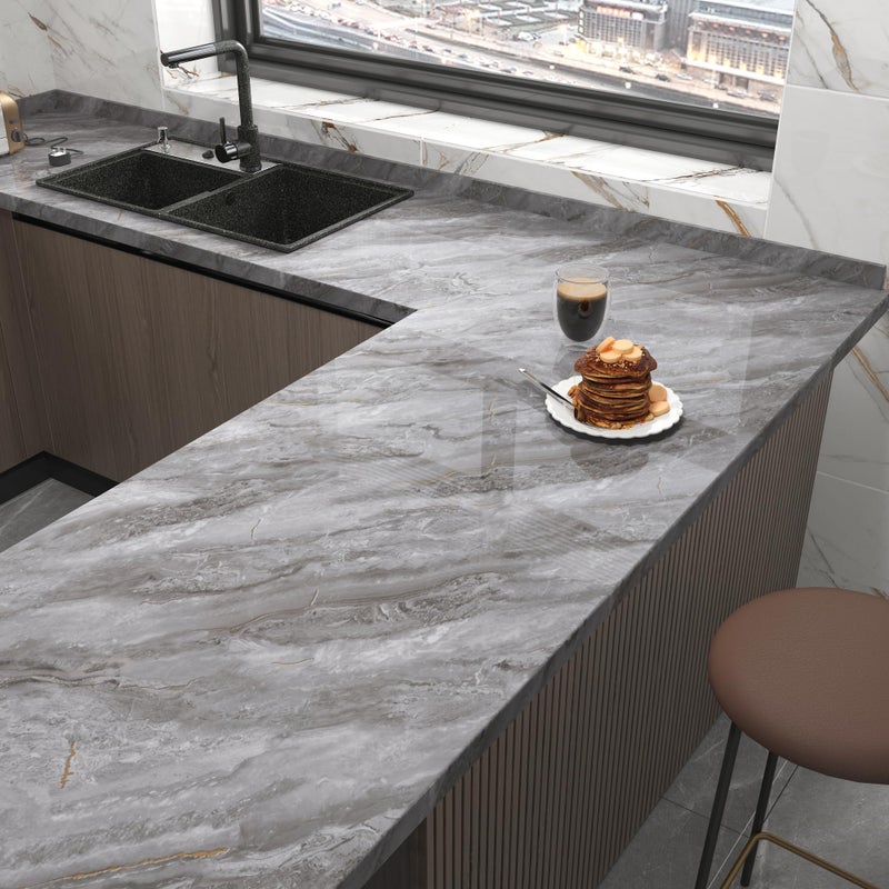 BAYYA Light Grey Marble Peel and Stick Countertop Contact Paper Granite Counter Top Vinyl Wrap Glossy Waterproof Removable Heat-Resistant Kitchen Counter Covers Wallpaper for Table Walls 15.8"x118" - Image 3