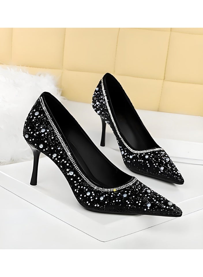 BIGTREE Women's Glittery Stiletto Pumps Closed Pointed Toe High Heels Shoes Black 8CM - Image 2