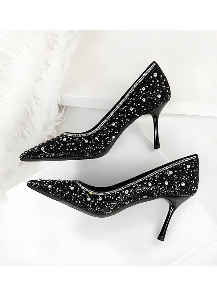 BIGTREE Women's Glittery Stiletto Pumps Closed Pointed Toe High Heels Shoes Black 8CM - Image 3