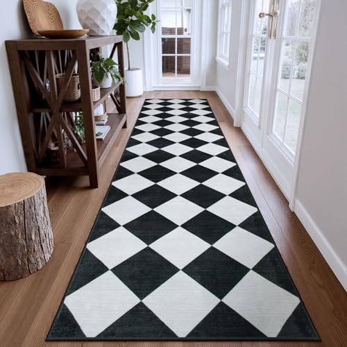 Beeiva Checkered Print Washable Rug Runners for Hallways Non Slip 2.5x10, Ultra Thin Black Kitchen Runner Stain Resistant Hallway Runner Rug 10 ft, Checkerboard Carpet for Bathroom Entryway Decor - Image 1