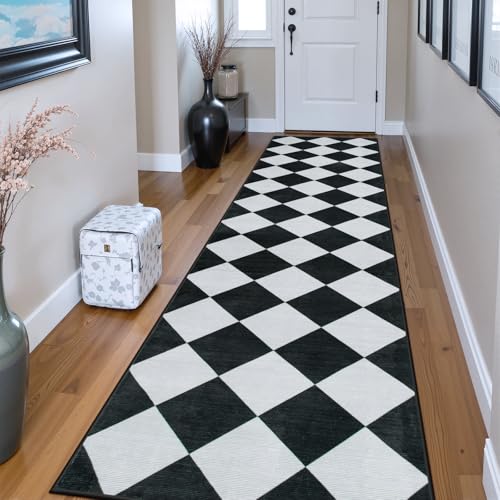 Beeiva Checkered Print Washable Rug Runners for Hallways Non Slip 2.5x10, Ultra Thin Black Kitchen Runner Stain Resistant Hallway Runner Rug 10 ft, Checkerboard Carpet for Bathroom Entryway Decor - Image 4