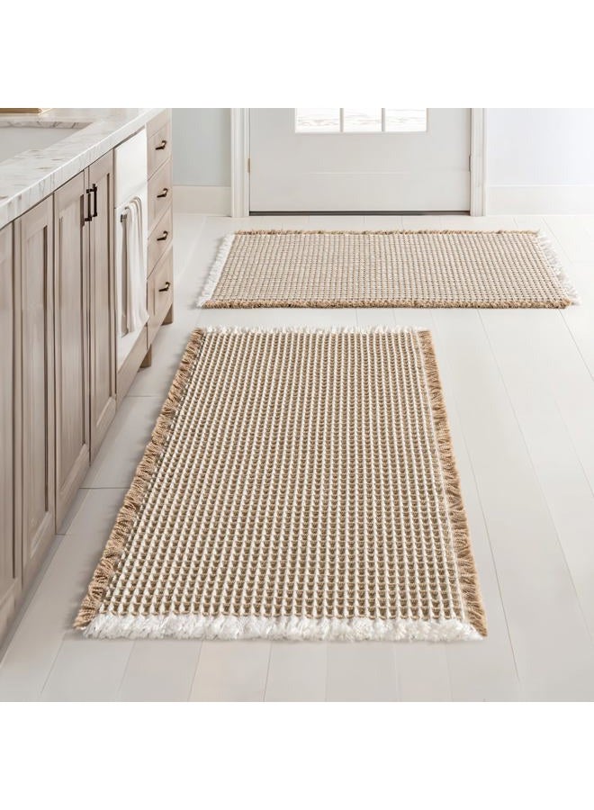 MIULEE Set of 2 Waffle Bathroom Rugs, Boho Bath Rugs Non Slip Washable, Super Absorbent Bath Mats, Ultra Soft Rubber Backed Shower Mats for Bathroom Floor, Tub, Brown & White, 18x30 Inch - Image 1