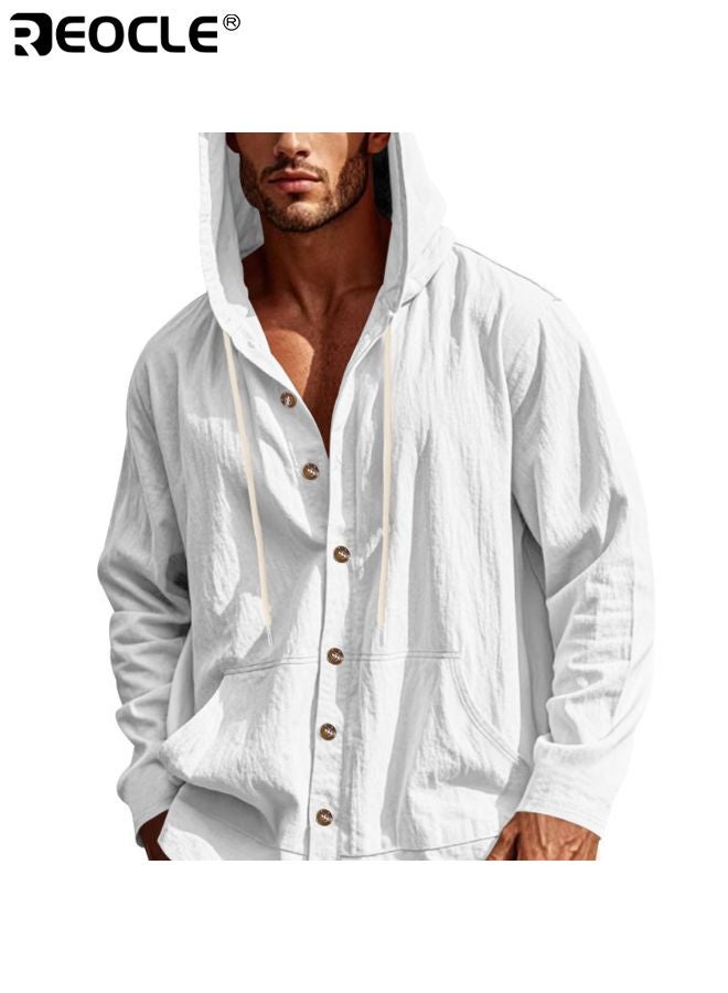 REOCLE Men's Linen Blend Shirt with Long Sleeve and Button Down Design Casual Beach Top with Lower Front Pockets for Summer Resort Wear - Image 1