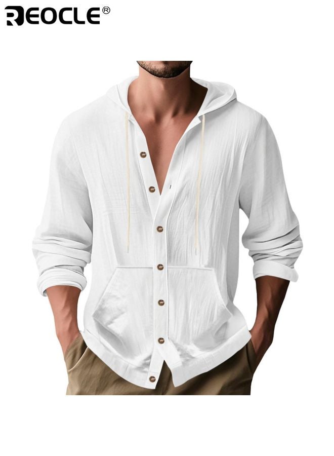 REOCLE Men's Linen Blend Shirt with Long Sleeve and Button Down Design Casual Beach Top with Lower Front Pockets for Summer Resort Wear - Image 3