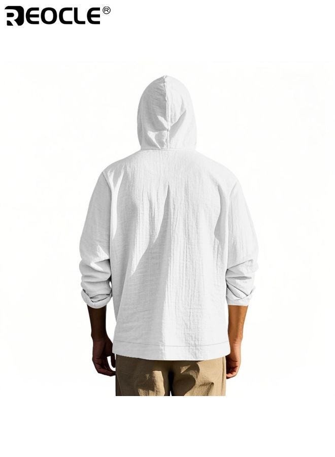 REOCLE Men's Linen Blend Shirt with Long Sleeve and Button Down Design Casual Beach Top with Lower Front Pockets for Summer Resort Wear - Image 2