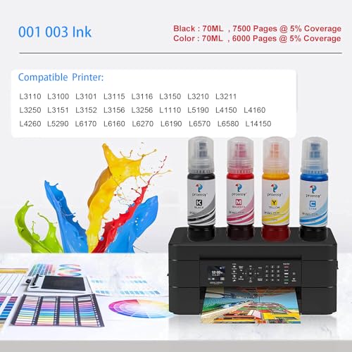 proffisy 001 003 Ink Refill dye Ink Bottle Compatible with Epson L3110, L3150, L4260, L4160, L3152, L3115, L3100, L3101, L3116, L3151, L3156, L1110, L5190, L4150, L14150, L6170, L6160 (4 Colors) - Image 2