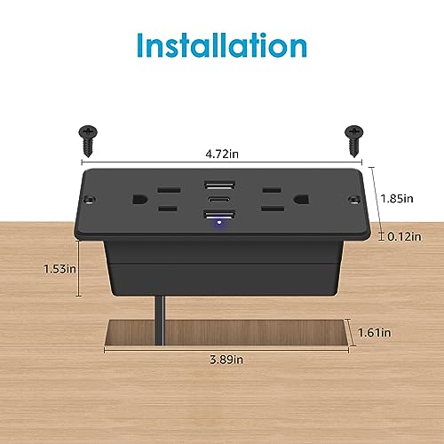 HHSOET 5 in 1 Recessed Power Strip Flat Plug, 20W Fast Charging Furniture Outlet with USB, Conference Recessed Socket with 2 AC Plugs, 2 USB Ports 1 USB-C, 6ft Power Cord. (Black) - Image 3