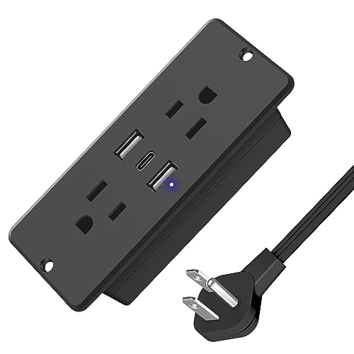 HHSOET 5 in 1 Recessed Power Strip Flat Plug, 20W Fast Charging Furniture Outlet with USB, Conference Recessed Socket with 2 AC Plugs, 2 USB Ports 1 USB-C, 6ft Power Cord. (Black) - Image 1