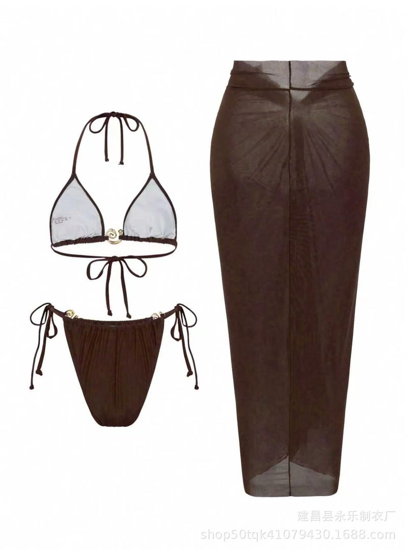 VENTRA Women 3-Piece Halter Bikini Set,Triangle Top + Side Tie Bottom + High Waist Twist Mesh Skirt,Quick dry swim fabric Elegant sheer sarong for beach - Image 3