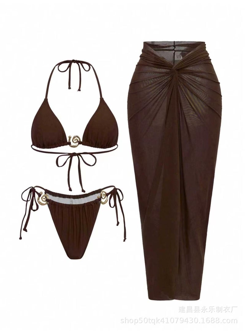 VENTRA Women 3-Piece Halter Bikini Set,Triangle Top + Side Tie Bottom + High Waist Twist Mesh Skirt,Quick dry swim fabric Elegant sheer sarong for beach - Image 2