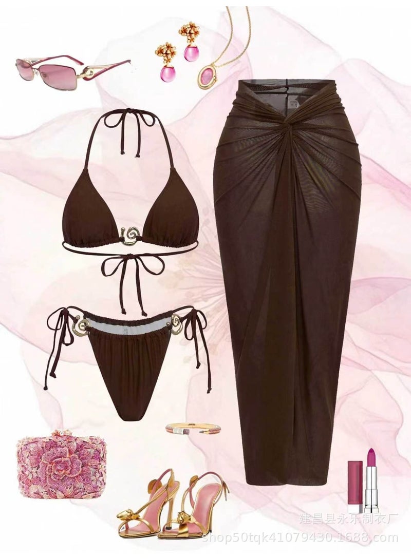 VENTRA Women 3-Piece Halter Bikini Set,Triangle Top + Side Tie Bottom + High Waist Twist Mesh Skirt,Quick dry swim fabric Elegant sheer sarong for beach - Image 1
