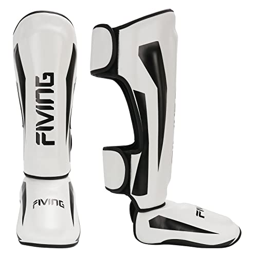FIVING MMA Martial Arts Shin Guards – Padded, Adjustable Muay Thai Leg Guards with Instep Protection for Kickboxing/MMA Training and Sparring – Durable, Professional MMA Equipment (White, X-Large) - Image 2