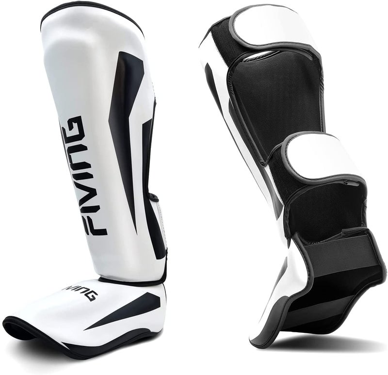 FIVING MMA Martial Arts Shin Guards – Padded, Adjustable Muay Thai Leg Guards with Instep Protection for Kickboxing/MMA Training and Sparring – Durable, Professional MMA Equipment (White, X-Large) - Image 1