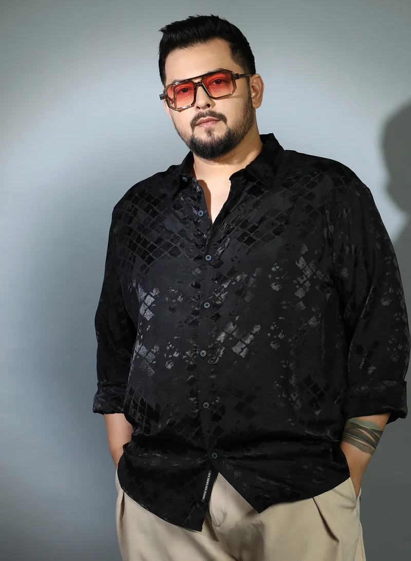 انستافاب بلس Instafab Plus Men's Onyx Black Noir-Cubic Textured Shirt For Casual Wear | Spread Collar | Long Cuffed Sleeves | Button Closure | Plus Size Shirt Crafted With Comfort Fit For Everyday Wear
