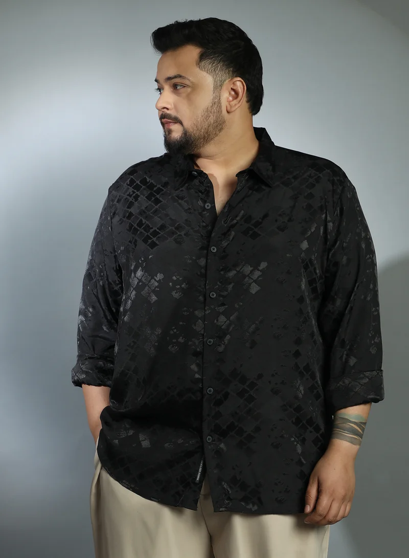 انستافاب بلس Instafab Plus Men's Onyx Black Noir-Cubic Textured Shirt For Casual Wear | Spread Collar | Long Cuffed Sleeves | Button Closure | Plus Size Shirt Crafted With Comfort Fit For Everyday Wear