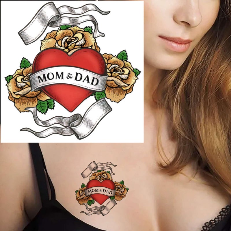 Dopetattoo 6 Sheets Temporary Tattoos Heart Rose Mom Dad Art Family Tattoo Fake tattoos Mom Heart Neck Arm Chest 3.7 Inch - Image 2
