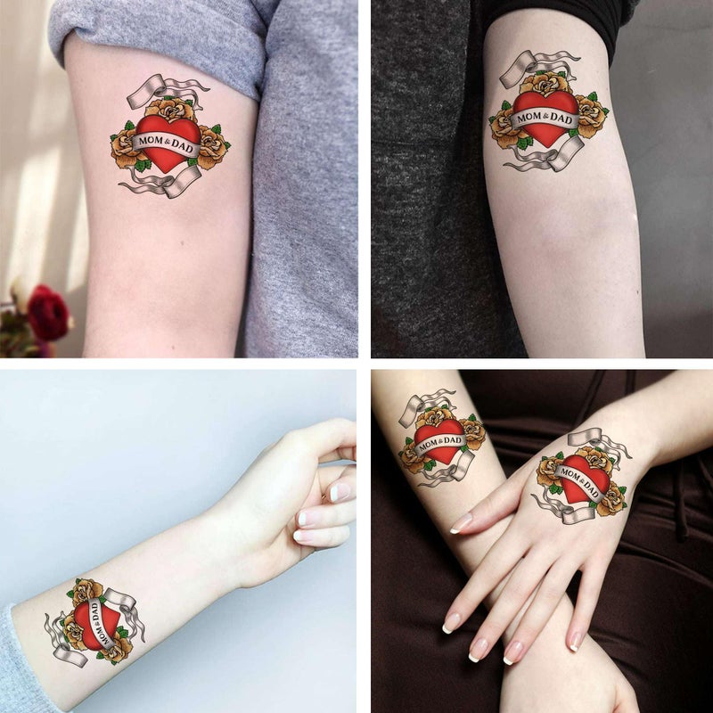 Dopetattoo 6 Sheets Temporary Tattoos Heart Rose Mom Dad Art Family Tattoo Fake tattoos Mom Heart Neck Arm Chest 3.7 Inch - Image 3