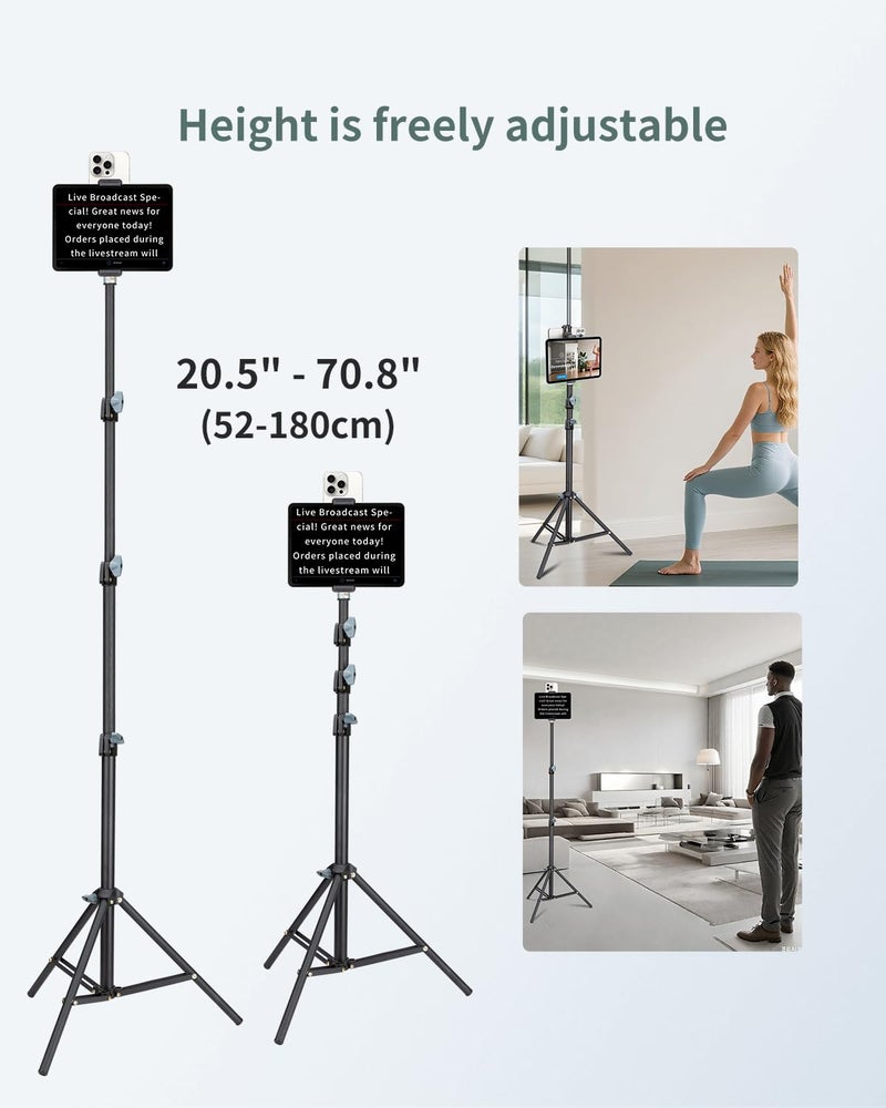 XIXAN Large Screen Teleprompter Holder for Tablet & Phone with 70.8" Extendable Tripod, Dual Device Design, Compatible with iPad/iPhone/Samsung and More. Perfect for Live Streaming/Video Recording - Image 4
