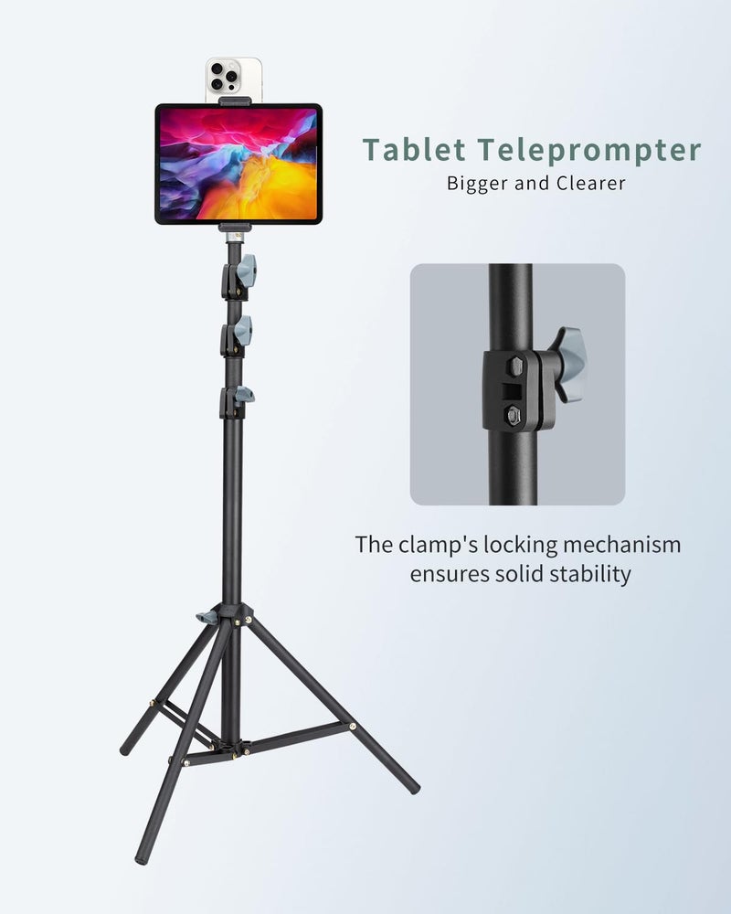 XIXAN Large Screen Teleprompter Holder for Tablet & Phone with 70.8" Extendable Tripod, Dual Device Design, Compatible with iPad/iPhone/Samsung and More. Perfect for Live Streaming/Video Recording - Image 2