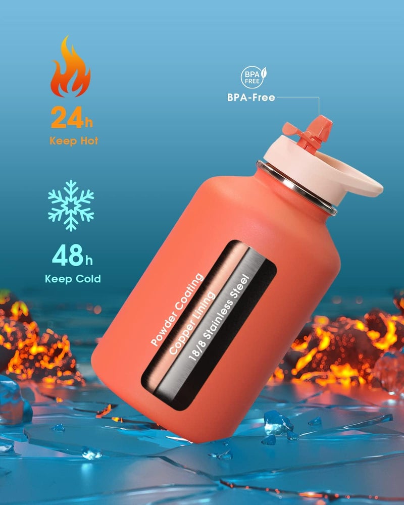 Coolflask 2L Insulated Water Bottle with PU Leather Sleeve, Stainless Steel Water Bottle, Contrast Color with Straw Lid, Keeps Cold for 48h, Keeps Warm for 24h, Orange - Image 3