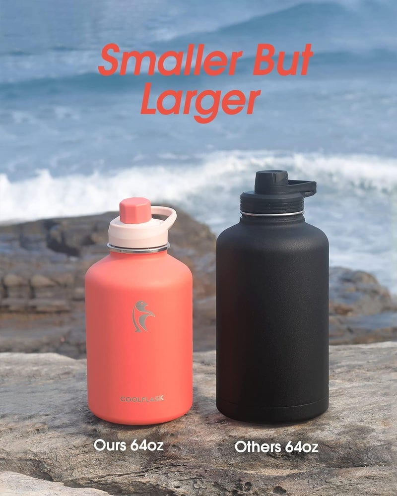 Coolflask 2L Insulated Water Bottle with PU Leather Sleeve, Stainless Steel Water Bottle, Contrast Color with Straw Lid, Keeps Cold for 48h, Keeps Warm for 24h, Orange - Image 2