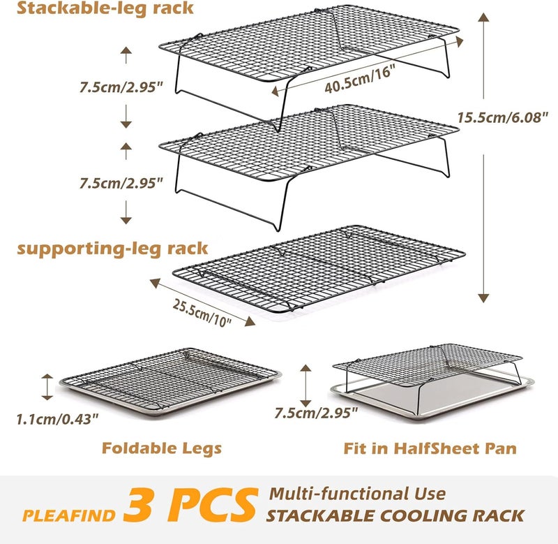 Pleafind 3 PCS Stackable Cooling Rack -16 x 10 Inch Wire Rack, Heavy Duty Stainless Steel Baking Racks, Cooling Racks for Cooking and Baking Cookie Pizza Cake, Oven and Dishwasher Safe - Image 2