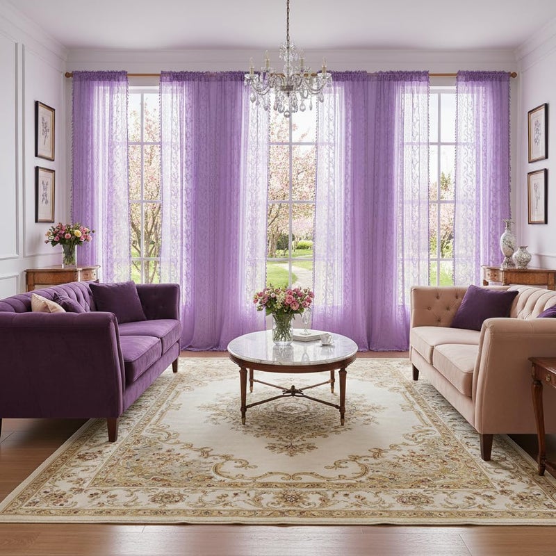 WAZZIO Lavender Purple Sheer Curtains 2 Panel 84 Inch Length,Rod Pocket Boho Floral Lace Pattern & Tassel Decorative Light Filtering Privacy for Girl Women Bedroom Dining Living Room,Lilac - Image 4