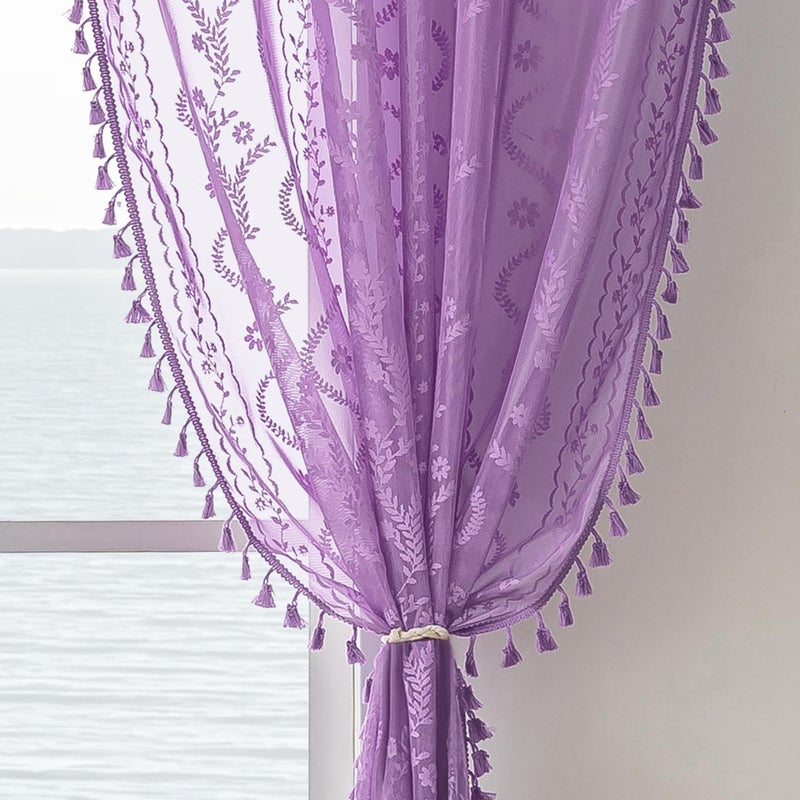 WAZZIO Lavender Purple Sheer Curtains 2 Panel 84 Inch Length,Rod Pocket Boho Floral Lace Pattern & Tassel Decorative Light Filtering Privacy for Girl Women Bedroom Dining Living Room,Lilac - Image 1