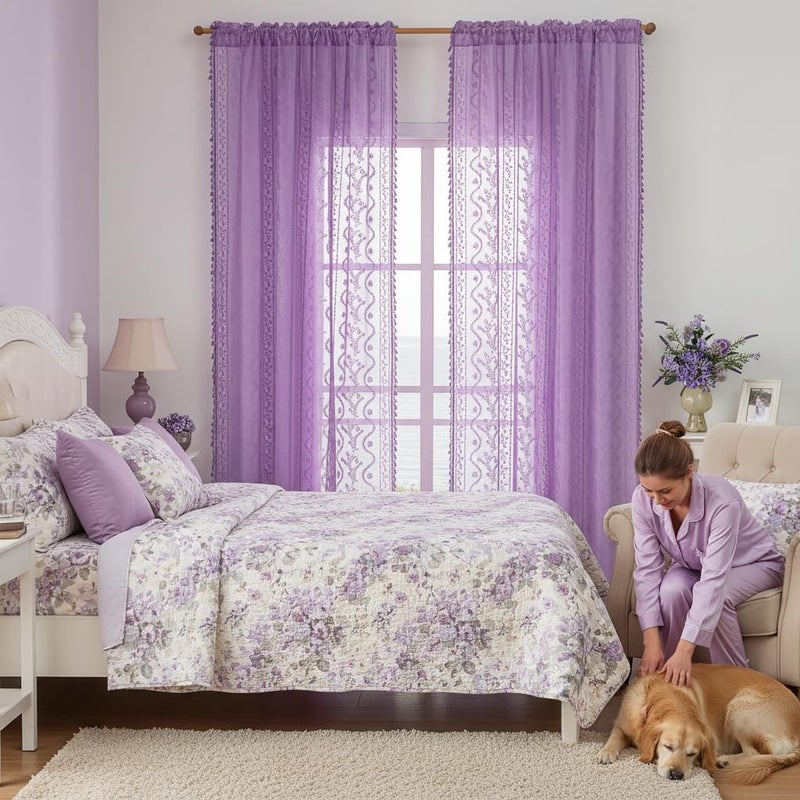 WAZZIO Lavender Purple Sheer Curtains 2 Panel 84 Inch Length,Rod Pocket Boho Floral Lace Pattern & Tassel Decorative Light Filtering Privacy for Girl Women Bedroom Dining Living Room,Lilac - Image 2
