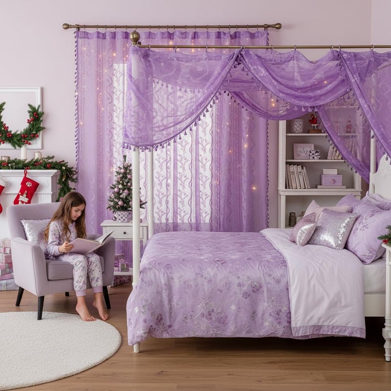 WAZZIO Lavender Purple Sheer Curtains 2 Panel 84 Inch Length,Rod Pocket Boho Floral Lace Pattern & Tassel Decorative Light Filtering Privacy for Girl Women Bedroom Dining Living Room,Lilac - Image 3