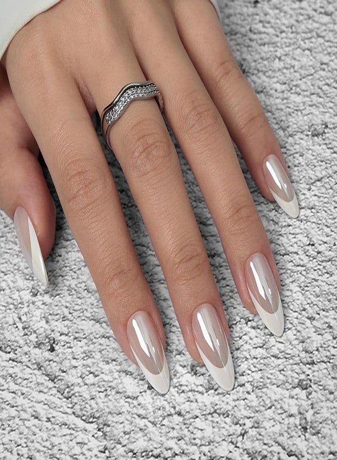 Nails Magic Cat eye french almond shapes Manicure Tips, Almond Shape, Pearl White - Image 1