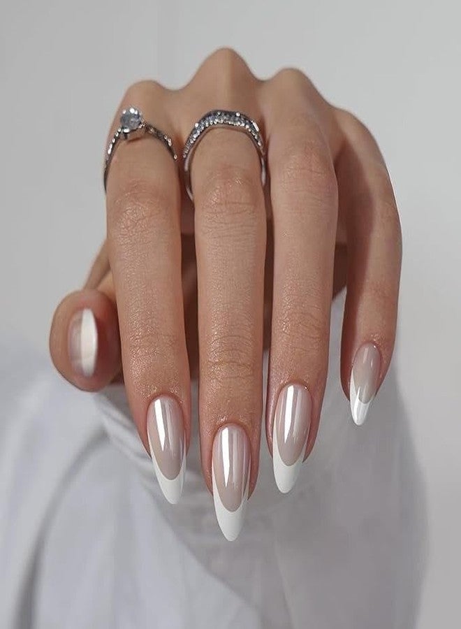 Nails Magic Cat eye french almond shapes Manicure Tips, Almond Shape, Pearl White - Image 4