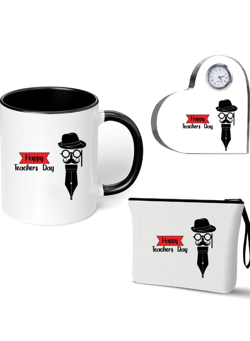 PRINTSHOP4ME Teacher's Day Pack of 3 Combo Pack - Heart Shape Crystal Clock, Black Ceramic Coffee Mug and Cosmetic Bag - Teacher's Day Gift Set - Gift for World Teachers Day  - Image 1