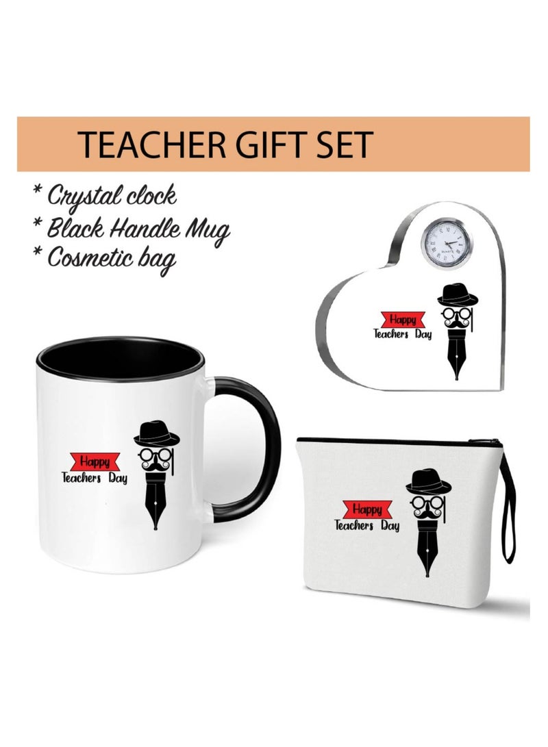 PRINTSHOP4ME Teacher's Day Pack of 3 Combo Pack - Heart Shape Crystal Clock, Black Ceramic Coffee Mug and Cosmetic Bag - Teacher's Day Gift Set - Gift for World Teachers Day  - Image 2