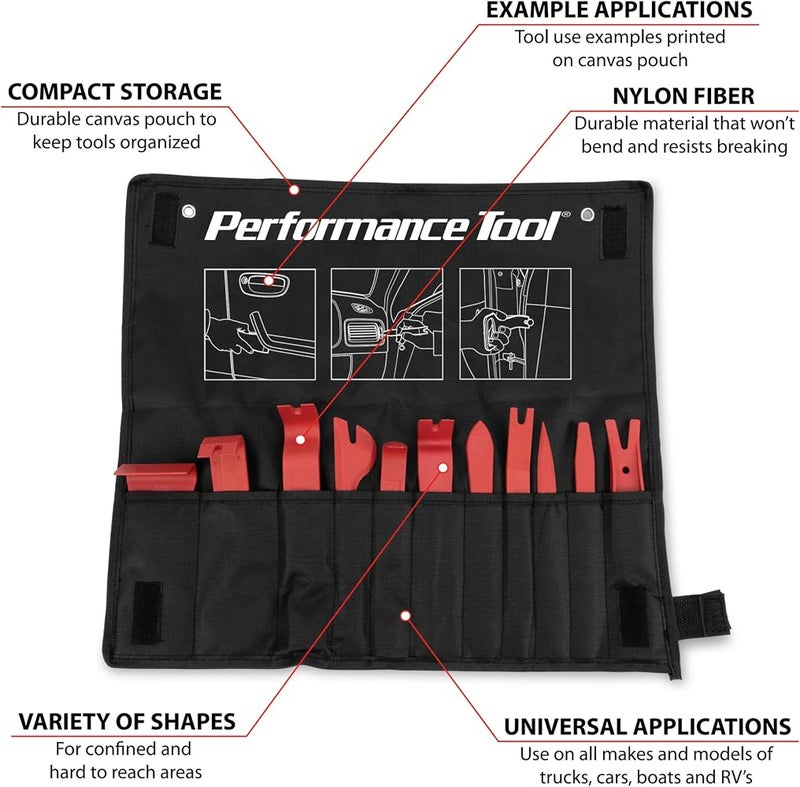 Performance Tool W80643 11Pc Trim Removal Tool Set - Car Pry Tool Kit for Easy Car Panel, Door, and Audio Trim Removal - Image 2