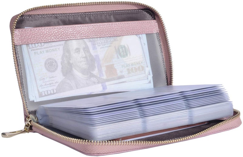 Easyoulife Credit Card Holder Wallet Womens Zipper Leather Case Purse RFID Blocking (Bean Pink) - Image 1