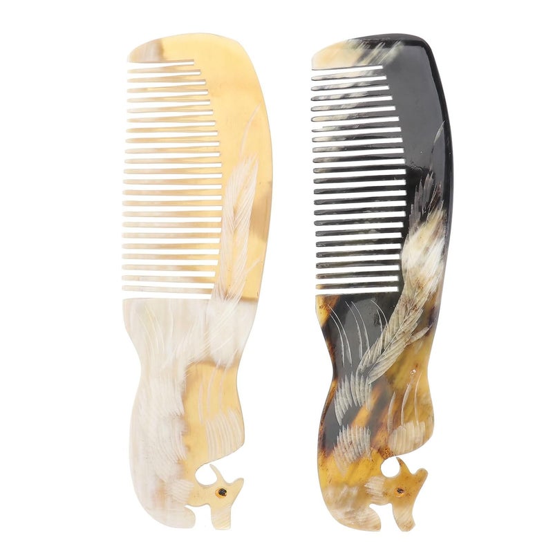 2pcs Buffalo Ox Horn Comb Handmade Engraving Anti Static Detangling Hair Massage Horn Comb for Men Women Random Color