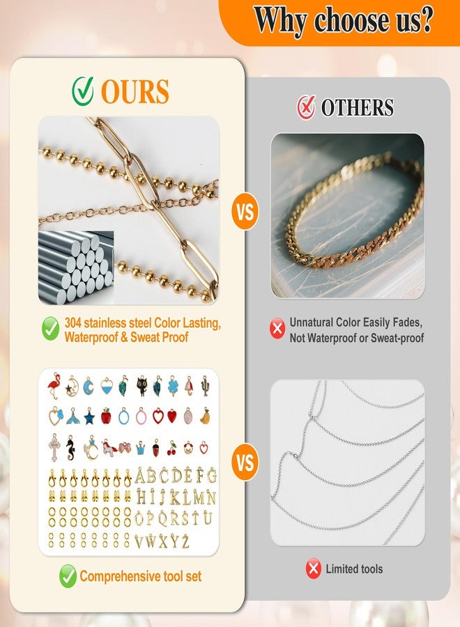 Starry 18k Gold Plated Stainless Steel Jewelry Chains Kit 39.3FT 6 Rolls Bulk (6.5FT/2M) with Letter Pendants, Colorful Charms, Pliers, Jump Rings, Lobster Clasps for DIY Necklace Bracelet Making - Image 5