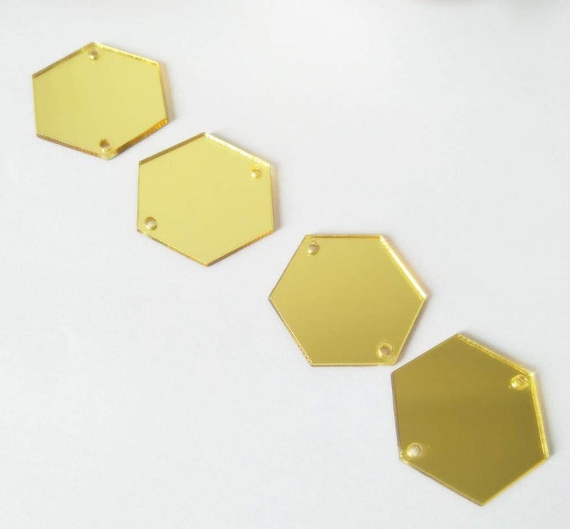 MEYA Sew On Hexagon Acrylic Mirror Beads Mirror Diamante Rhinestone Crystal Flat Back Mirror Beads with Hole Gold